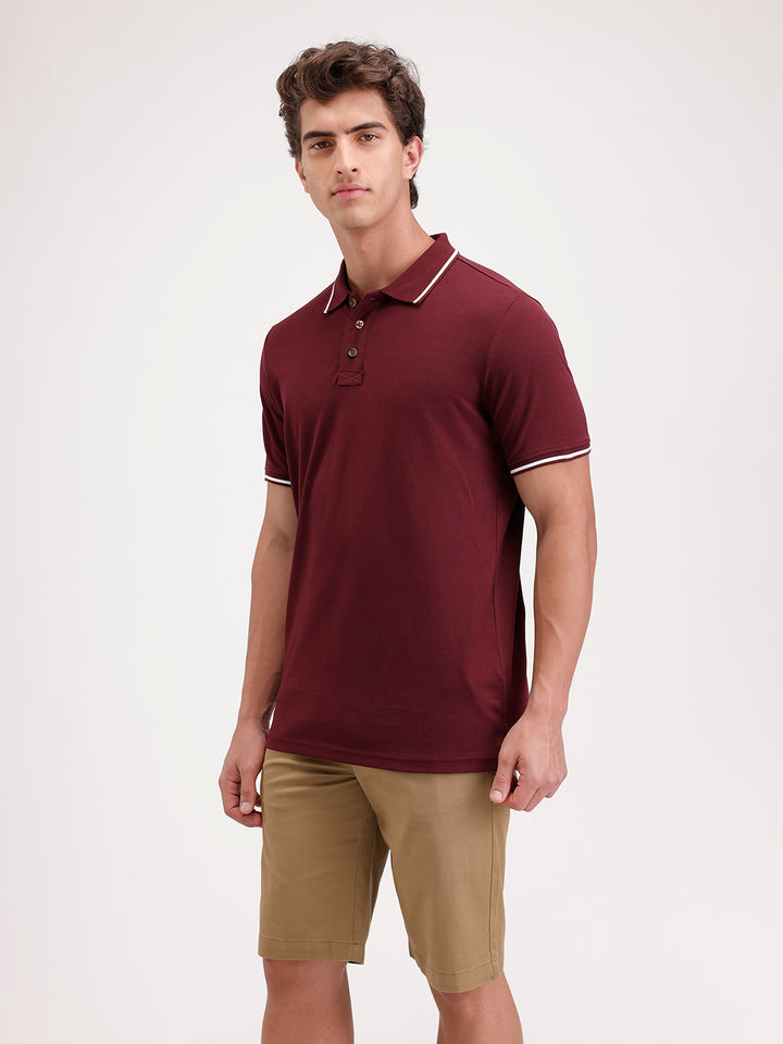 Solid Slim Fit Tipping collar Polo T-Shirt  | Wine