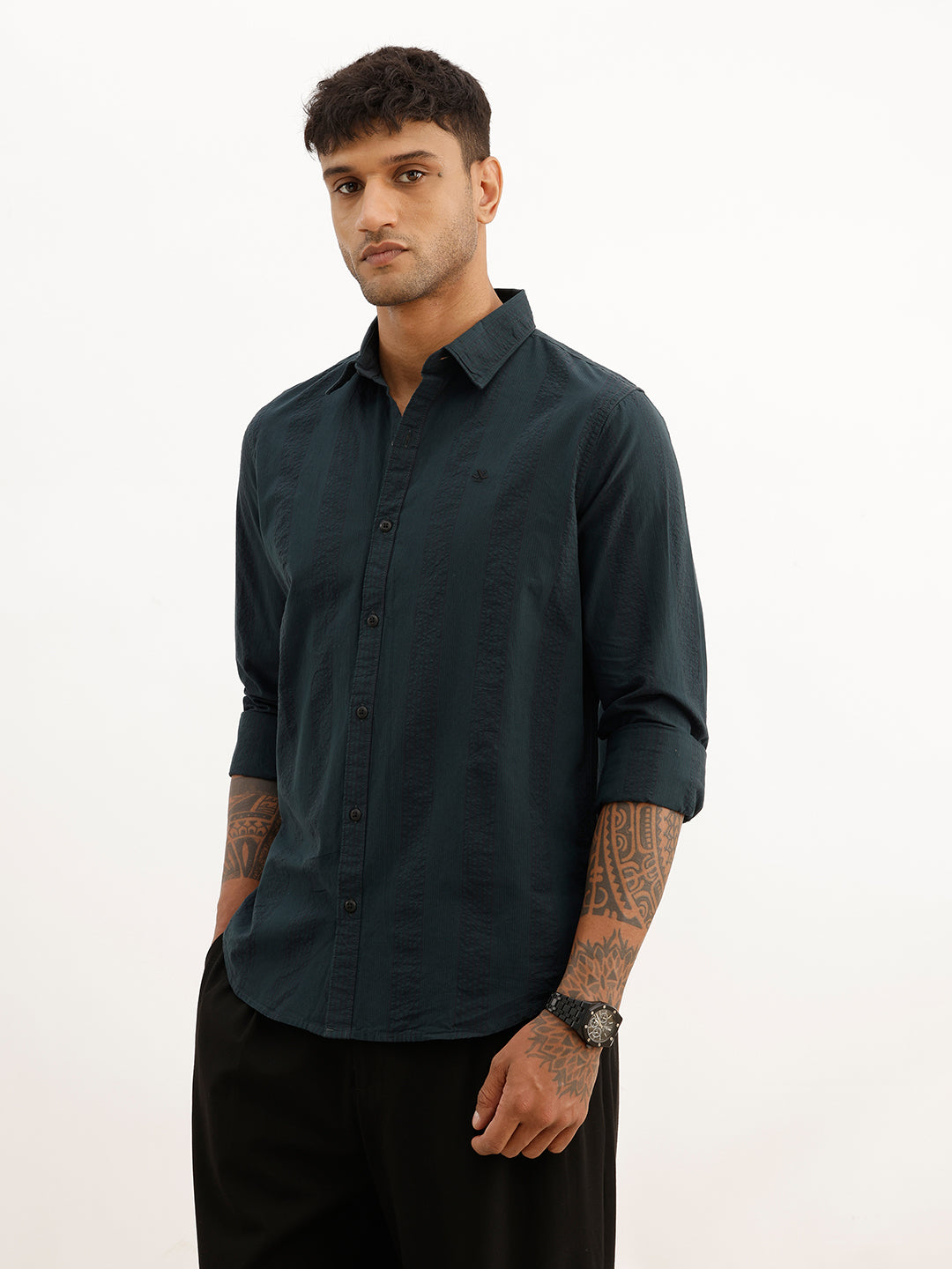 Slim Fit Textured Stripe Shirt | Dark Green