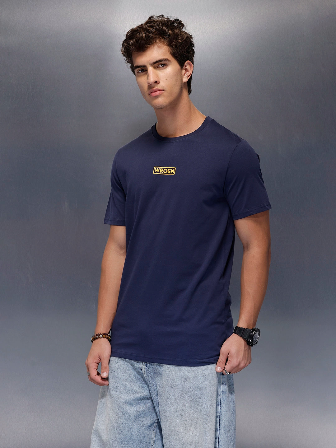 Solid Placement Printed T-Shirt   |  Navy Blue