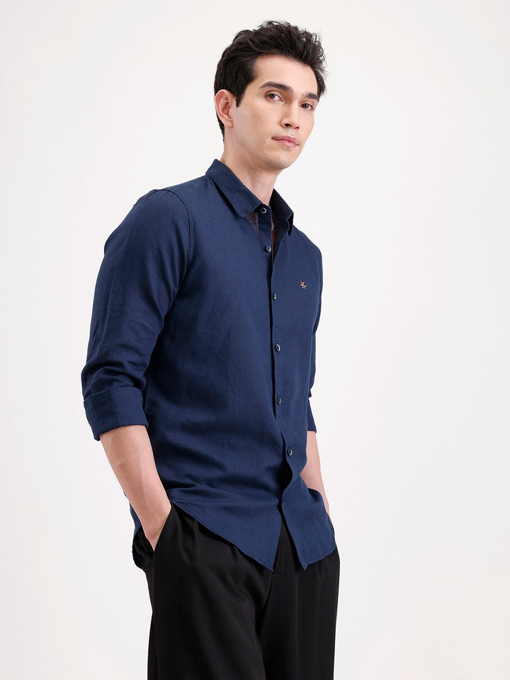Solid Slim Fit Linen Blend Shirt  | Navy Blue