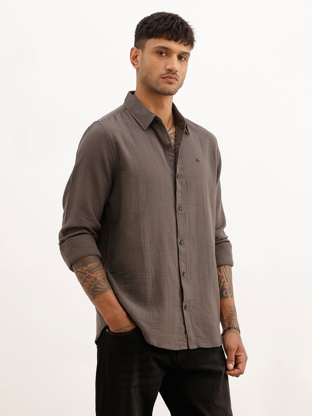 Textured Slim Fit Solid Shirt | Dark Grey | WSH02FSSL0012S