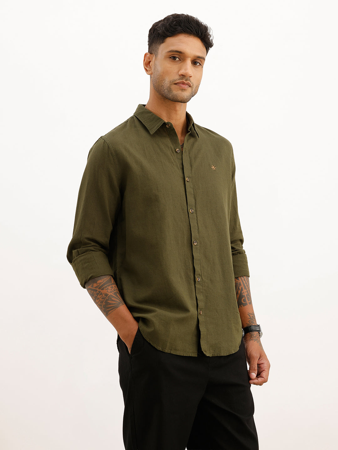 Solid Slim Fit Full Sleeve Shirt | Olive