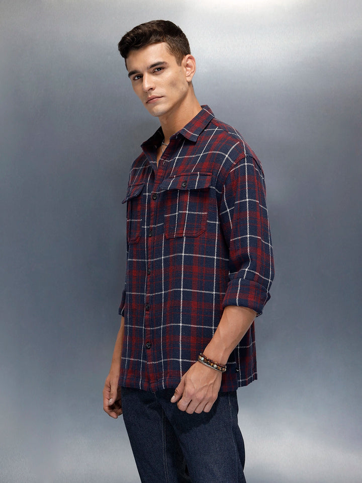 Men's Casual Oversized Fit Checkered Pattern Shirt | Navy Blue