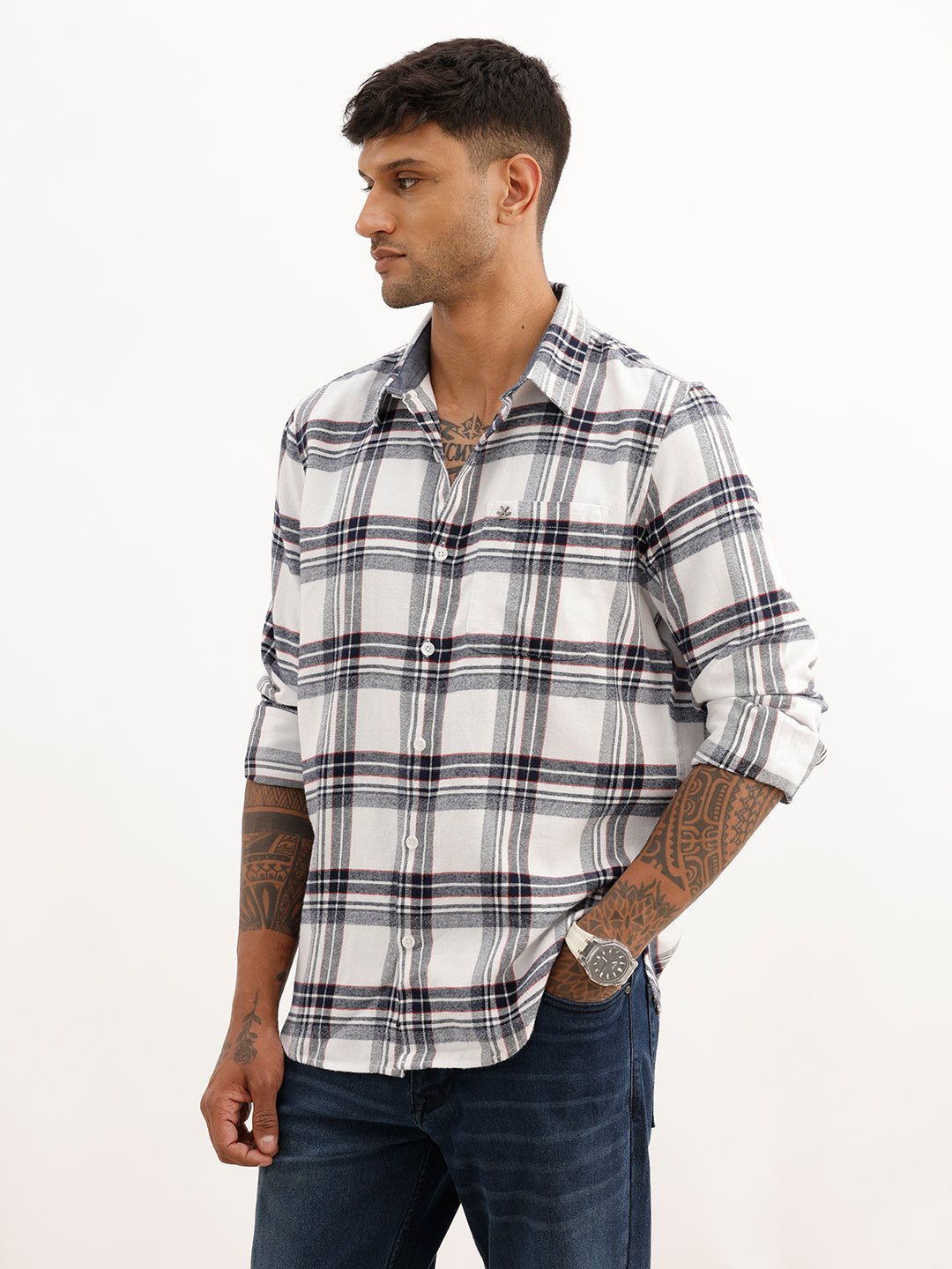 Slim Fit Checkered Full Sleeve Shirt | White