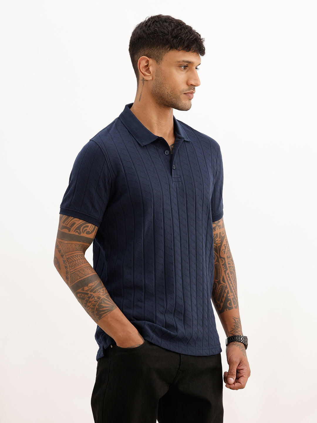 Solid Slim Fit Textured Polo T-Shirt | Navy Blue