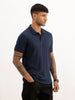 Solid Slim Fit Textured Polo T-Shirt | Navy Blue