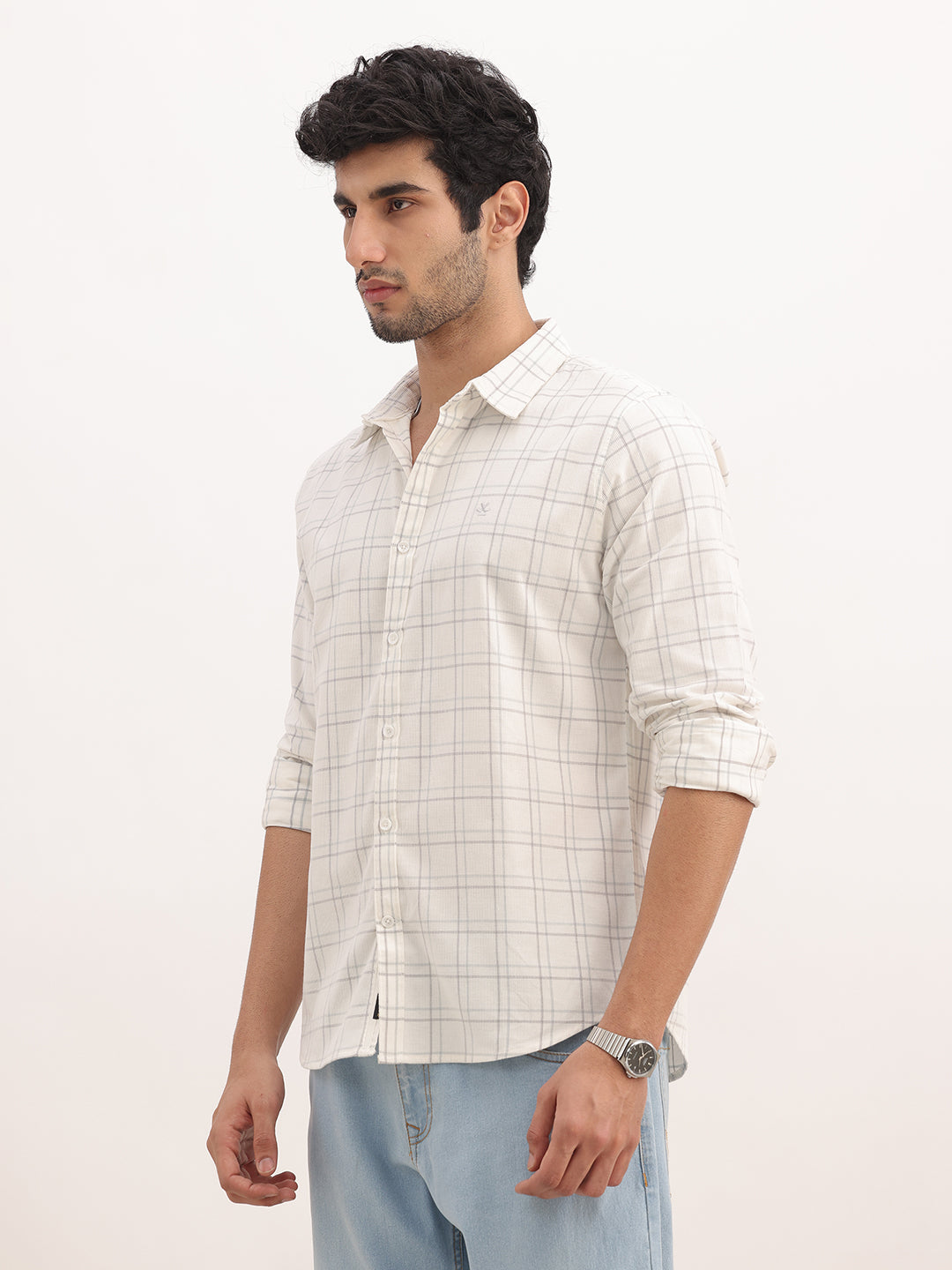 Slim Fit Checkered Corduroy Shirt | White