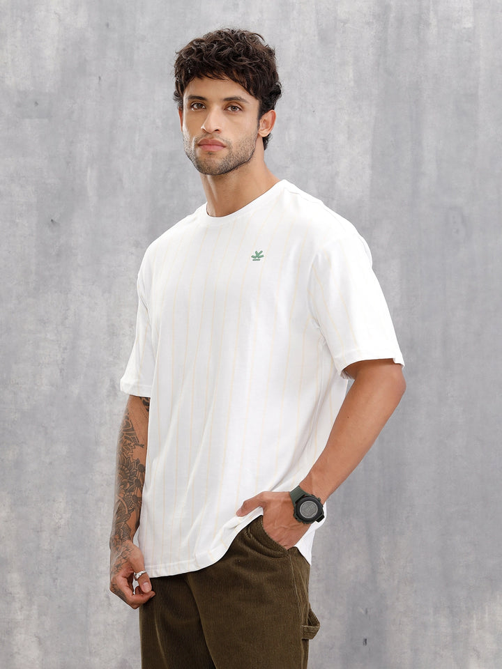 Striped Oversized Fit T-shirt With Puff Print | White