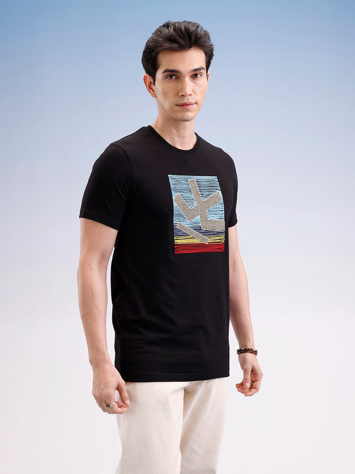 Slim Fit Embroidered Patch T-Shirt  | Black