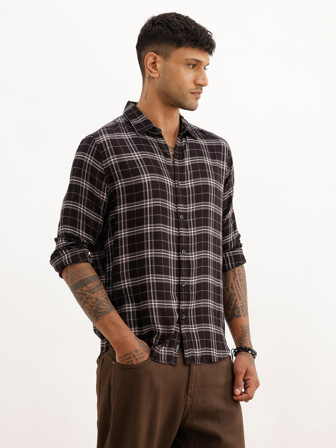 Slim Fit Checkered Full Sleeve Shirt | Black