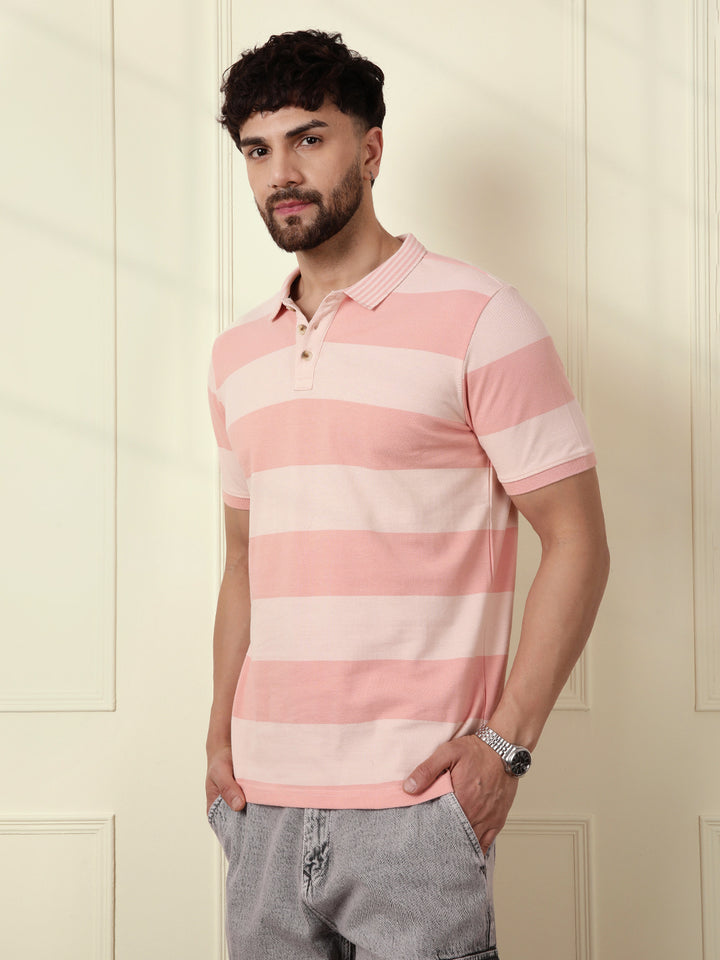 Casual Tonal Striped Polo T-Shirt | Peach