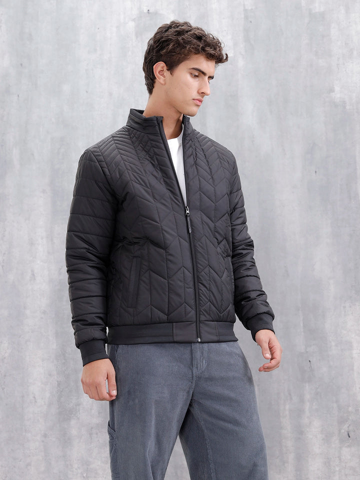 Casual Regular Fit Stand Collar Puffer Jacket | Black
