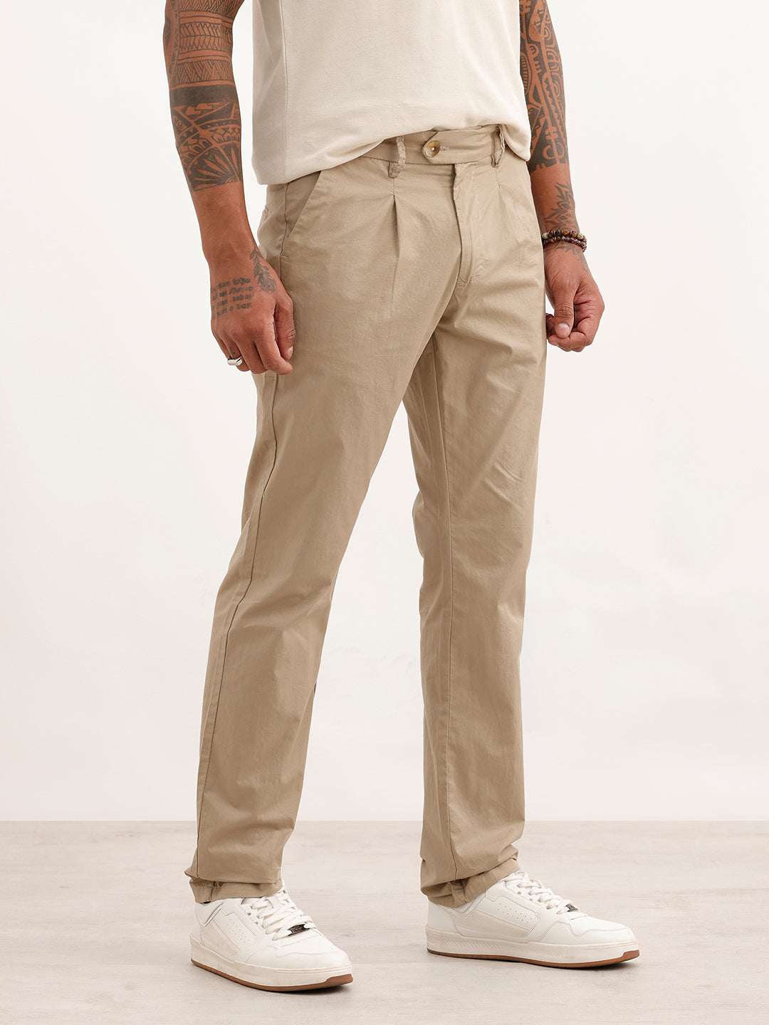 Solid Slim Fit Pleated Trouser | Beige