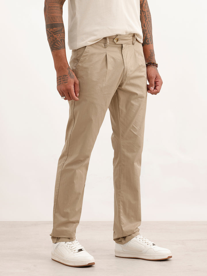 Solid Slim Fit Pleated Trouser | Beige