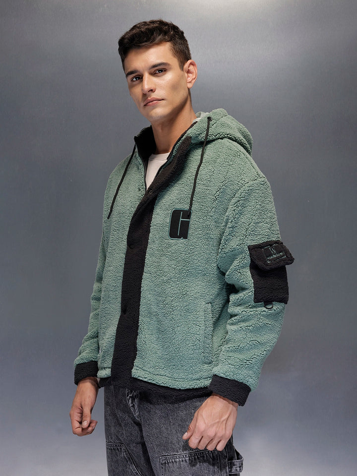 Men's casual jacket with contrast details, utility pocket and hoodie | Green