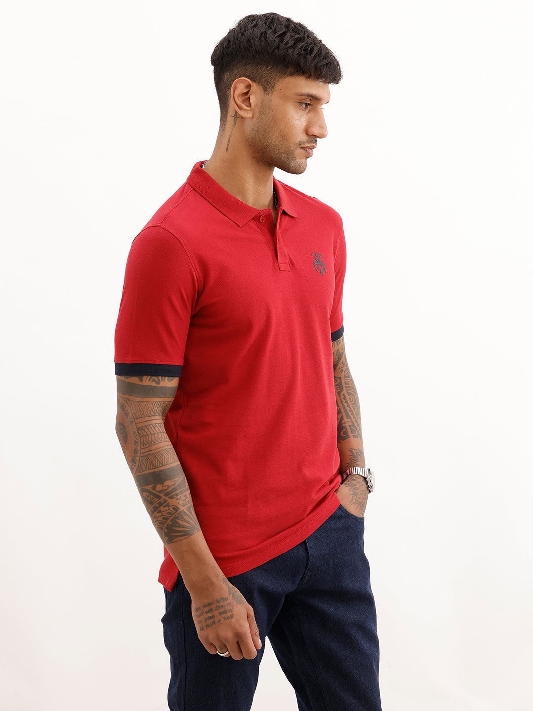 Classic Slim Fit Contrast Sleeve Polo T-Shirt | Red