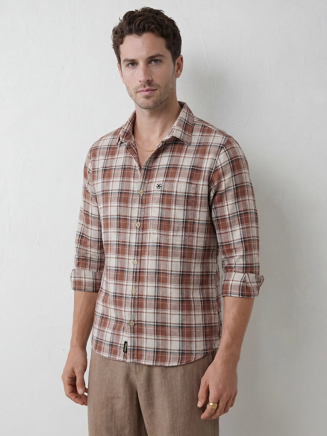 Slim Fit Checkered Shirt | Brown