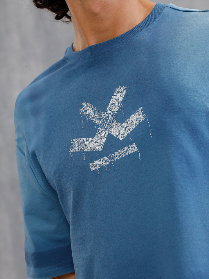 Smokey Pigment Spray With Grunge Logo Print Oversized Crew Neck T-Shirt | Blue