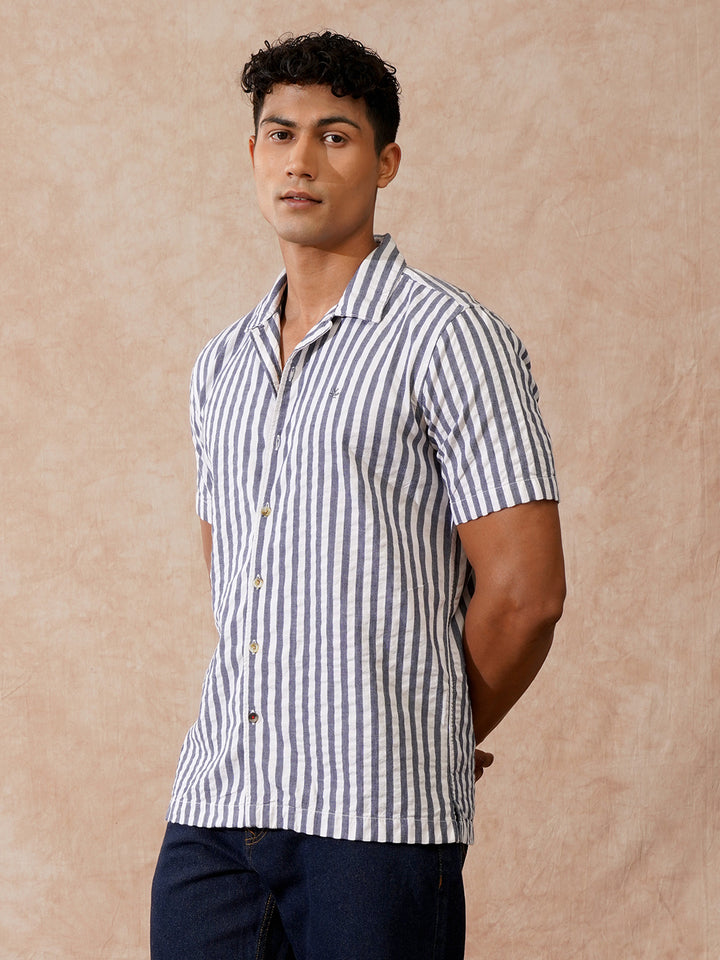 Textured Stripes Resort Collar Shirt | Off White