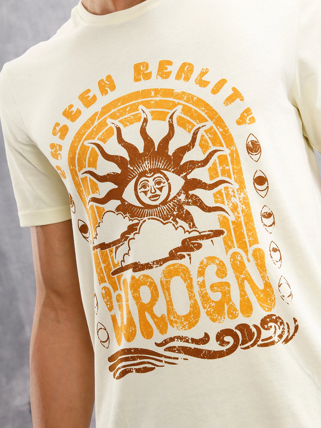 Zen Inspired Chest Print Graphic Crew Neck T-Shirt  |  Yellow