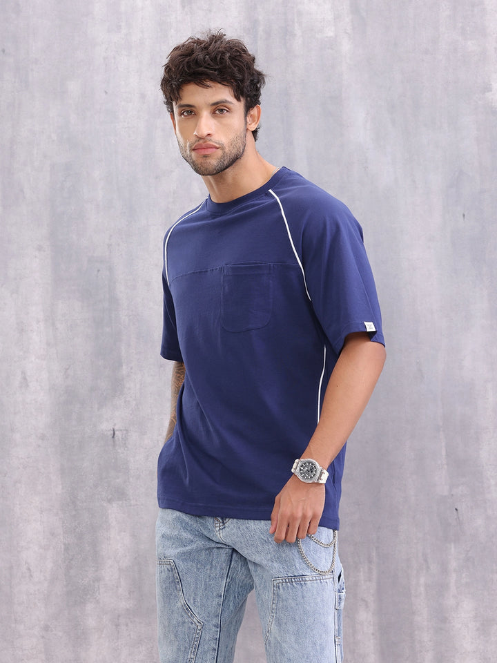 Raglan Sleeve Sporty Look Oversized Fit T-shirt With Patch Pocket | Blue