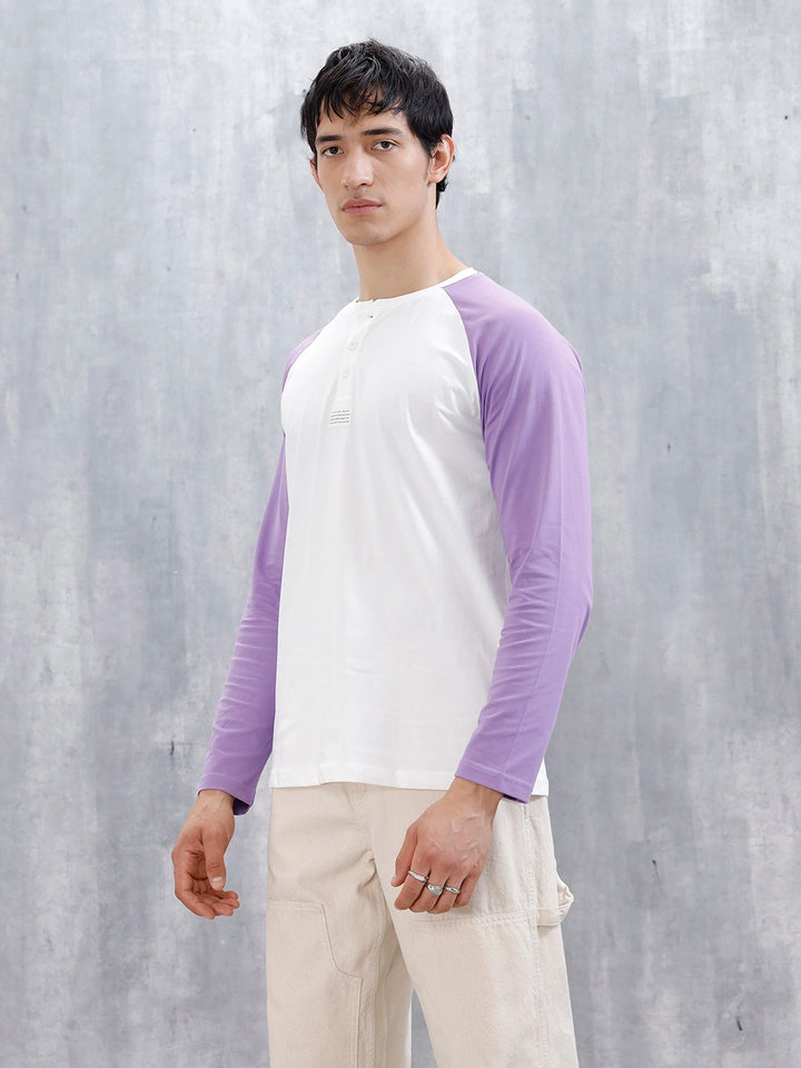 Wrogn Men's Raglan Sleeves Colorblocked Henley T-Shirt | White