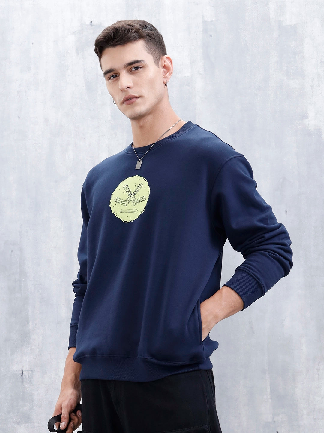 Wrogn Comfort Fit Graphic Sweatshirt For Men  | Navy Blue