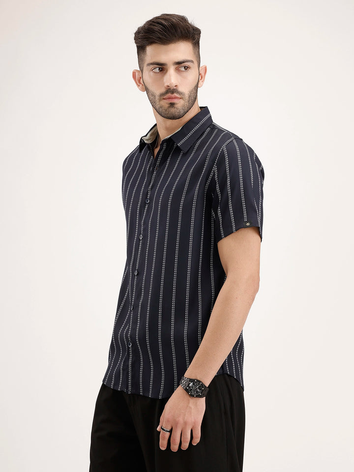 Slim Fit Half Sleeve Striped Shirt | Navy Blue
