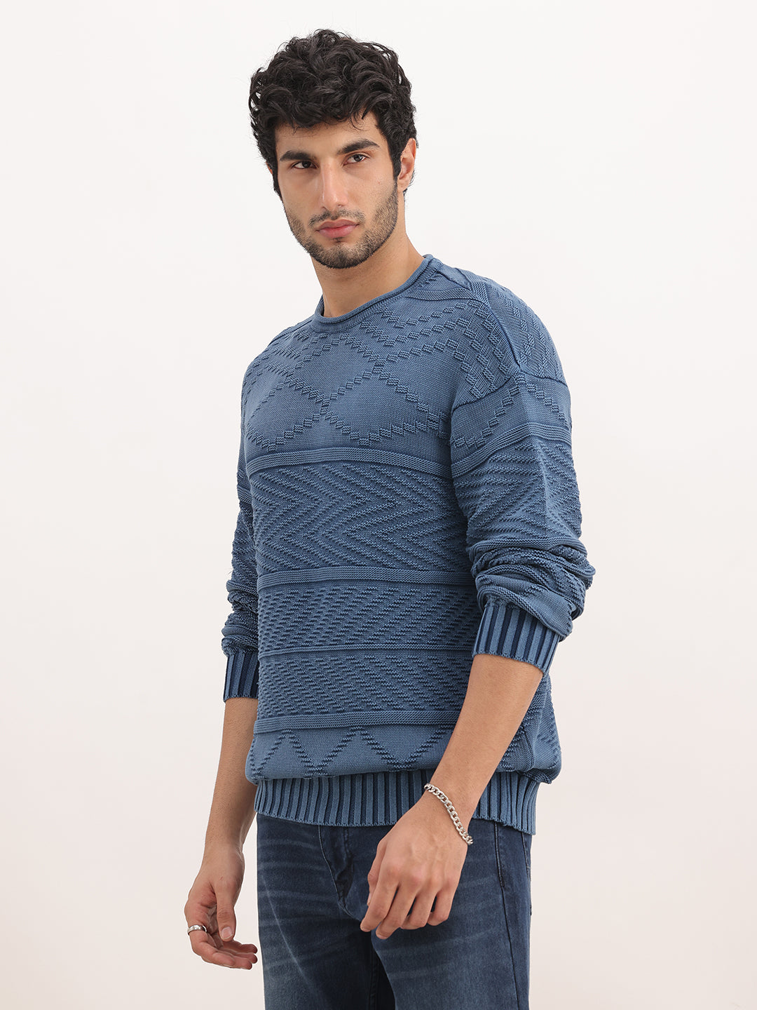 Textured Oversized Fit Knitted Sweater | Blue