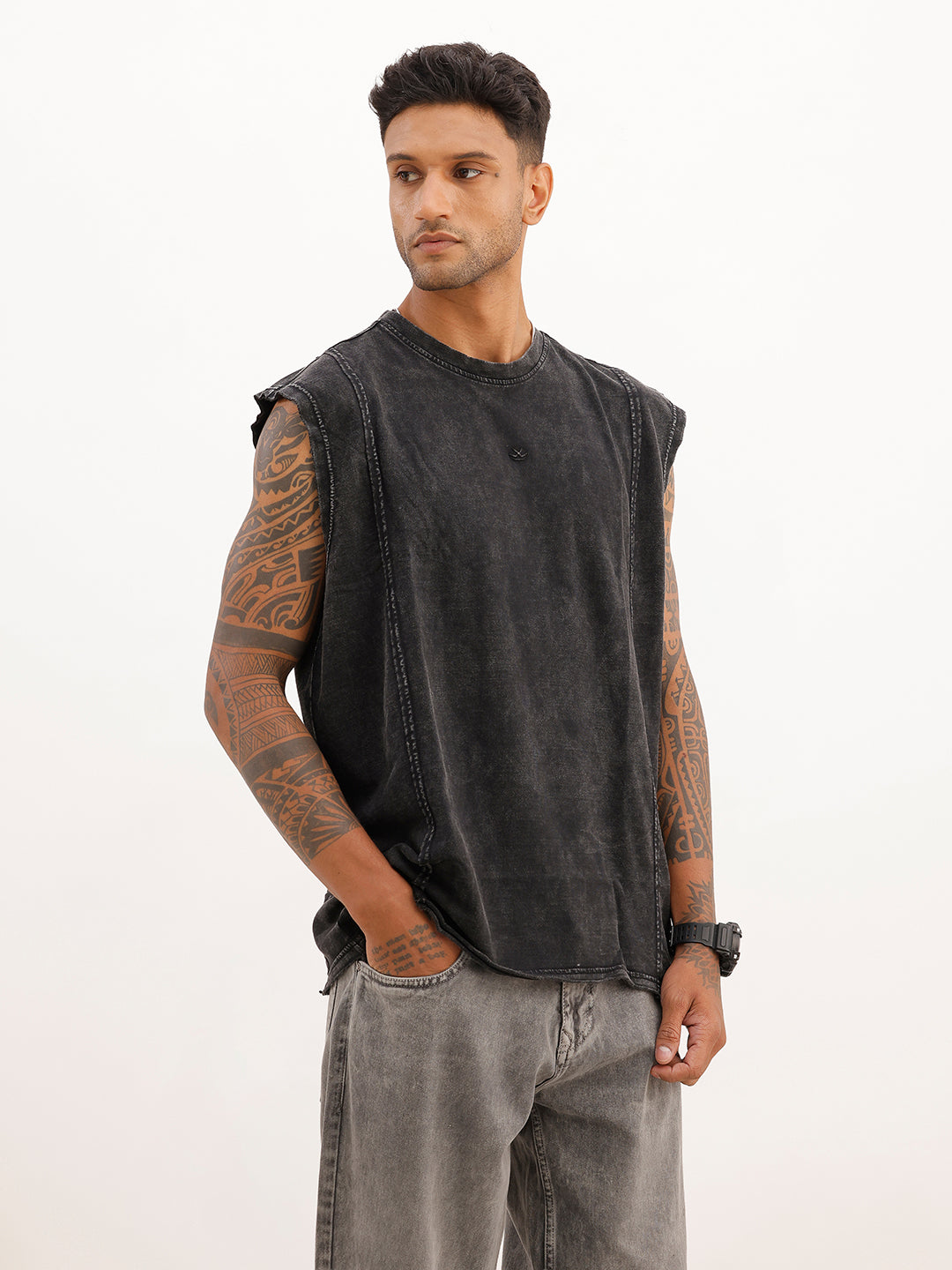 Washed Cut Off Sleeves T-Shirt | Black