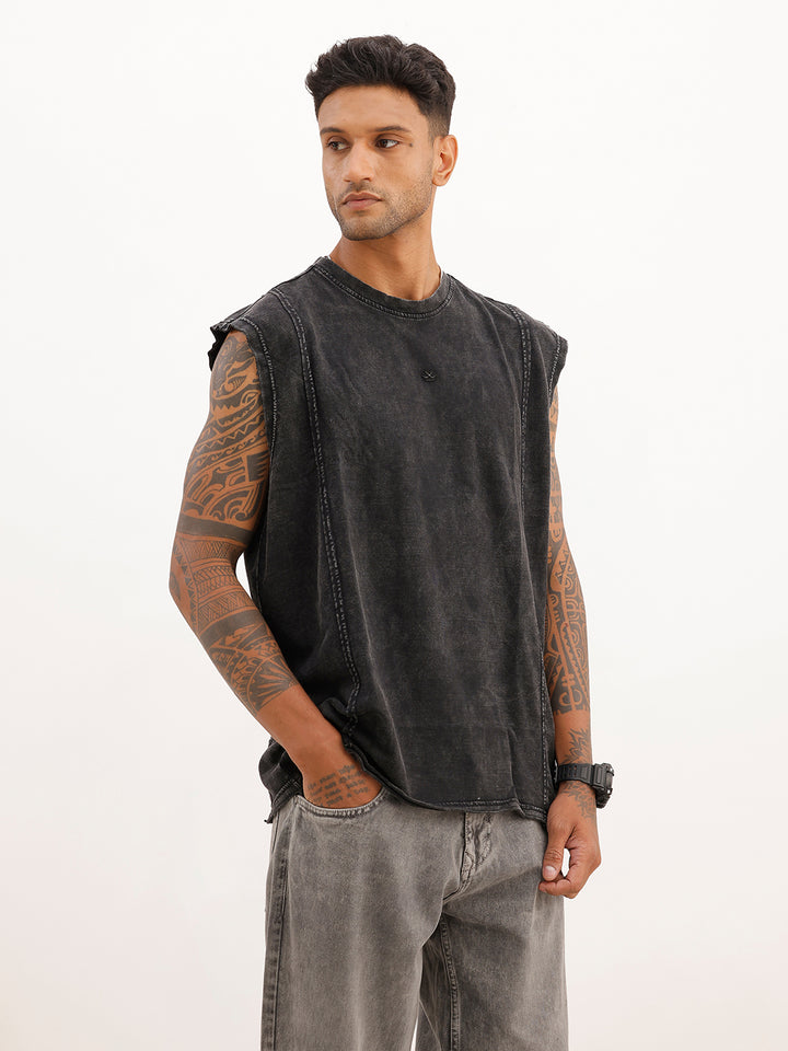 Washed Cut Off Sleeves T-Shirt | Black