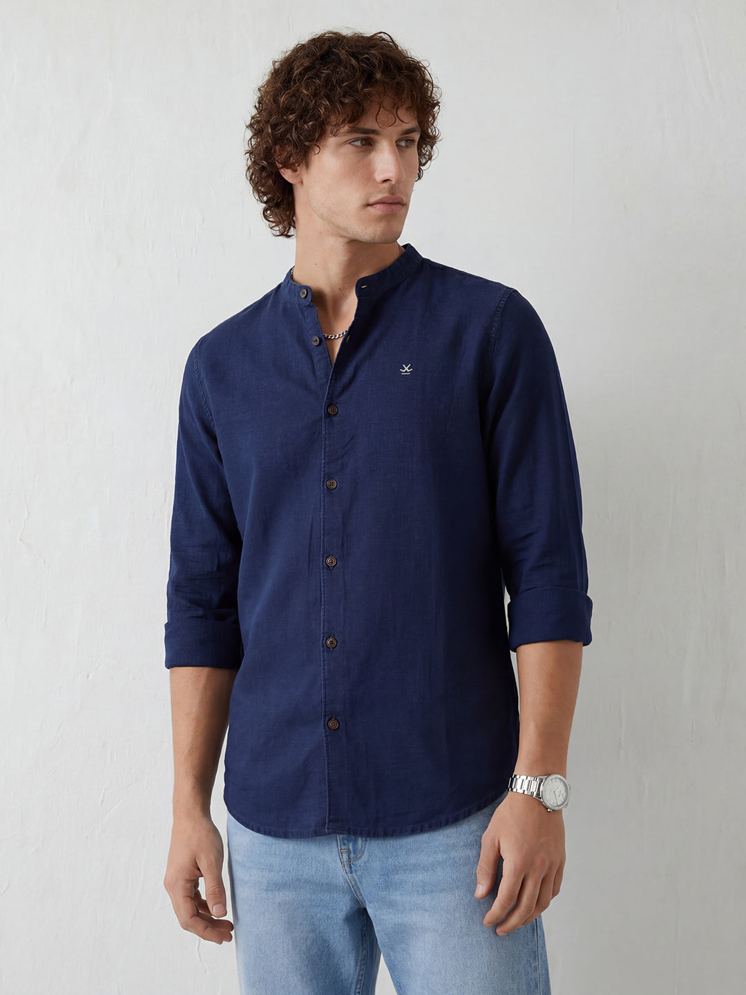 Slim Fit Mandrin Collar Shirt | Navy Blue
