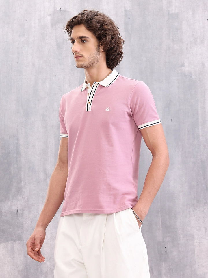 Contrast Collar Polo T-Shirt | Pink