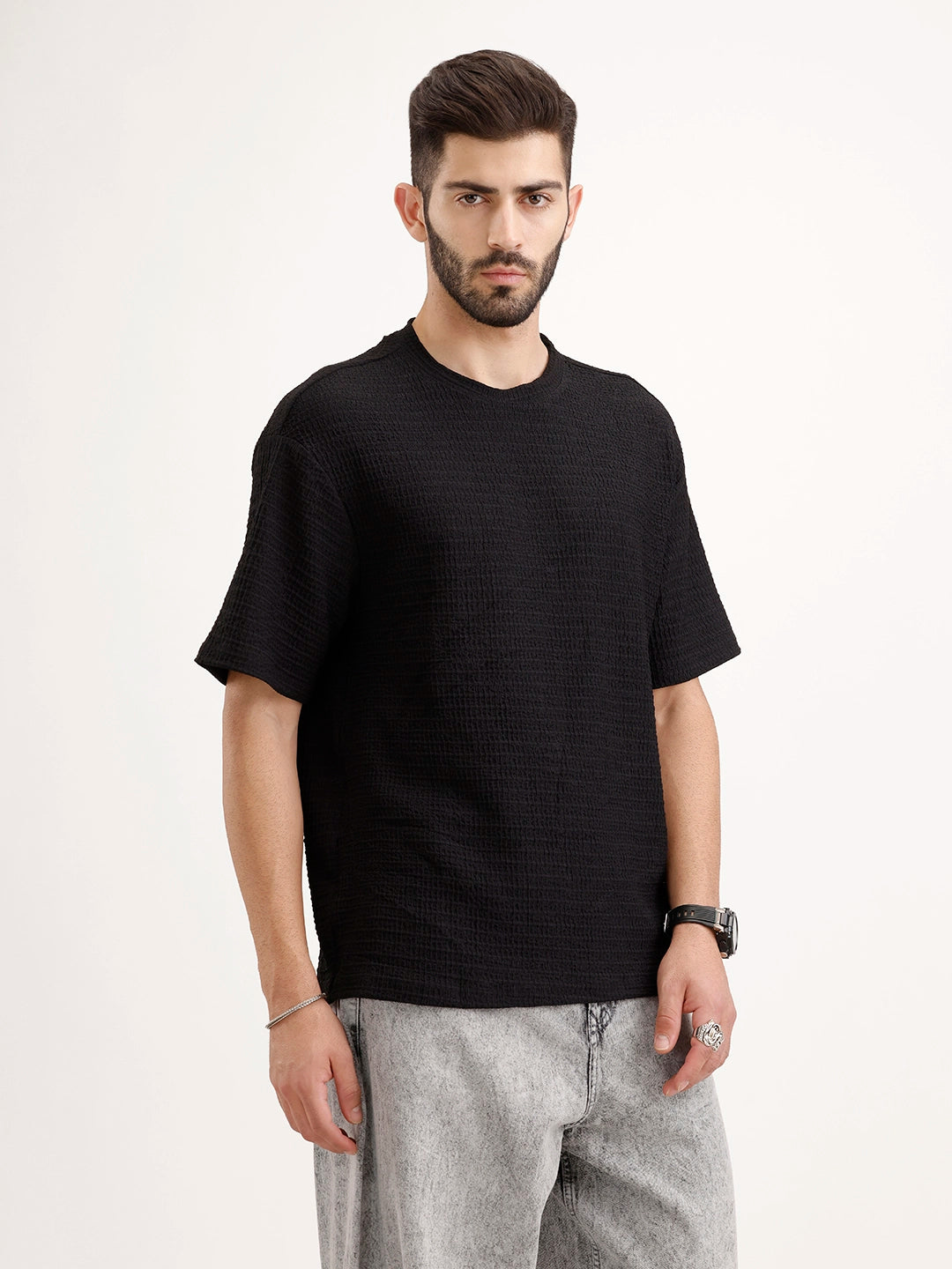 Solid Oversized Textured T-Shirt | Black