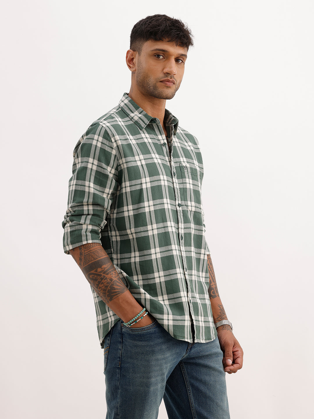 Regular Fit Checkered Full Sleeve Shirt | Dark Green