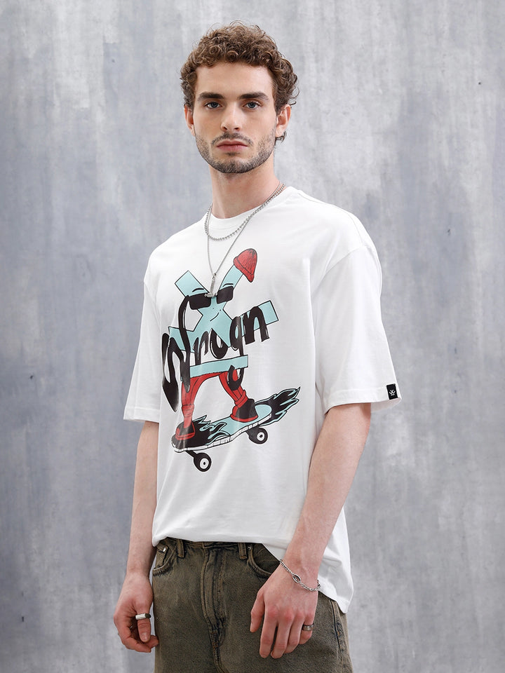 Skater Logo Printed Oversized Fit T-Shirt | White