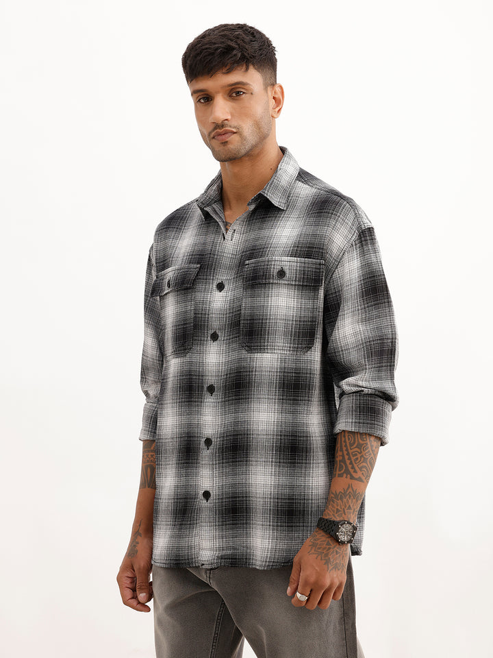Oversized Double Pocket Checkered Shirt | White