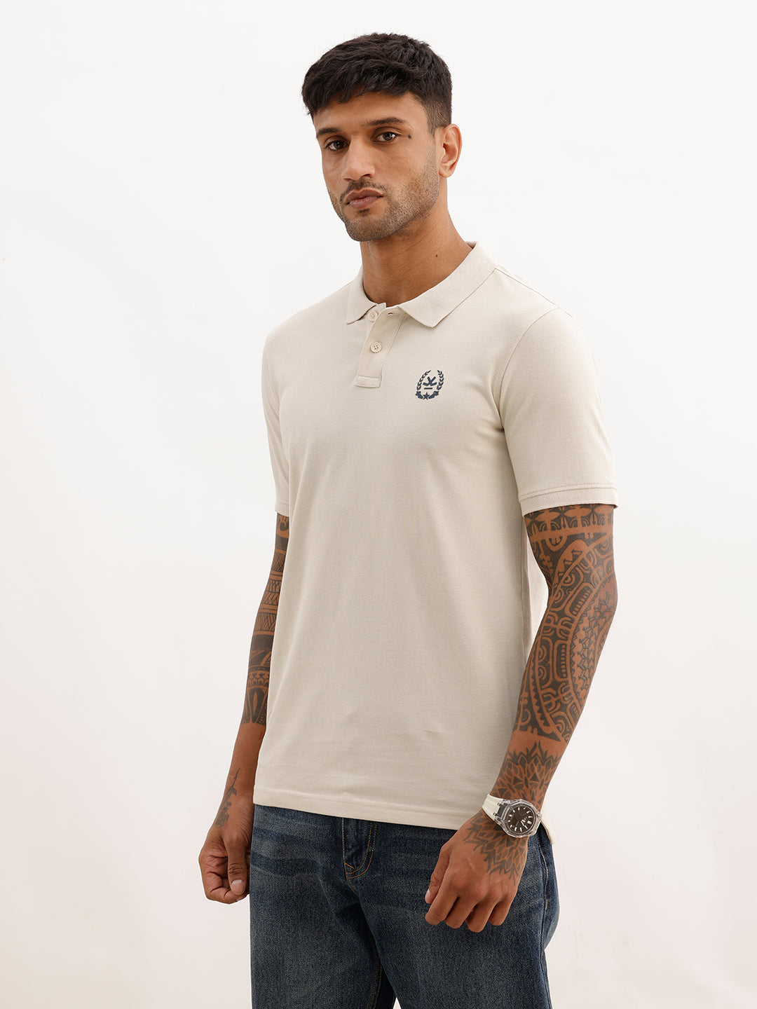 Slim Fit Placement Printed Polo T-Shirt | Beige