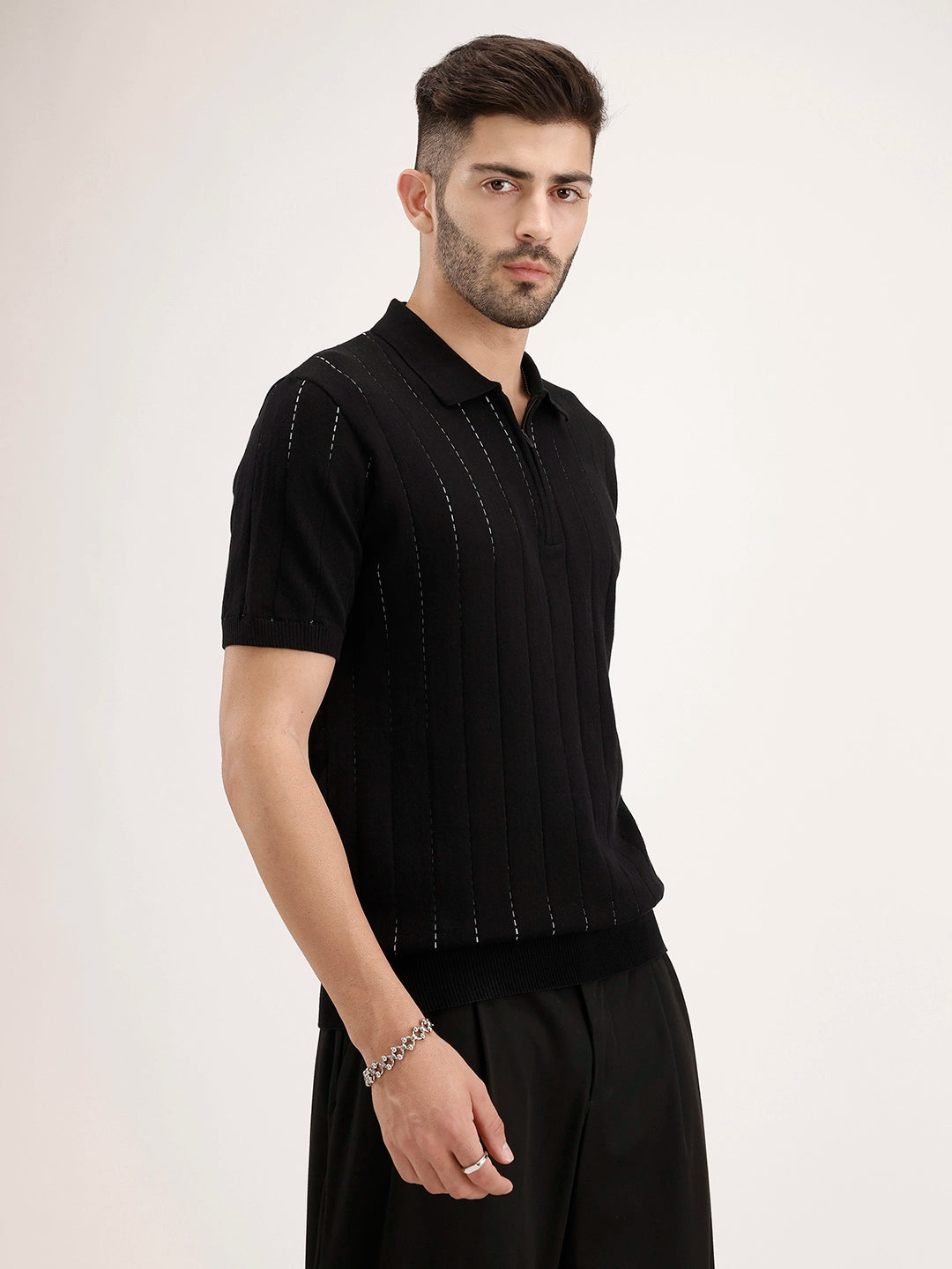 Slim Fit Flat Knit Textured T-Shirt | Black