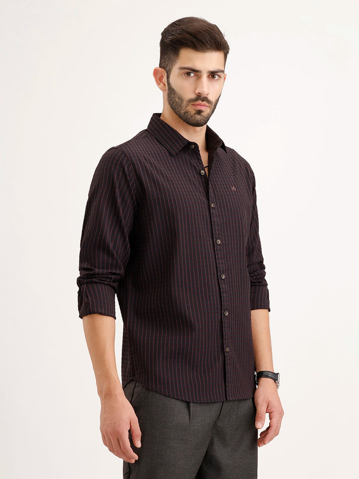 Textured Slim Fit Striped Shirt | Black