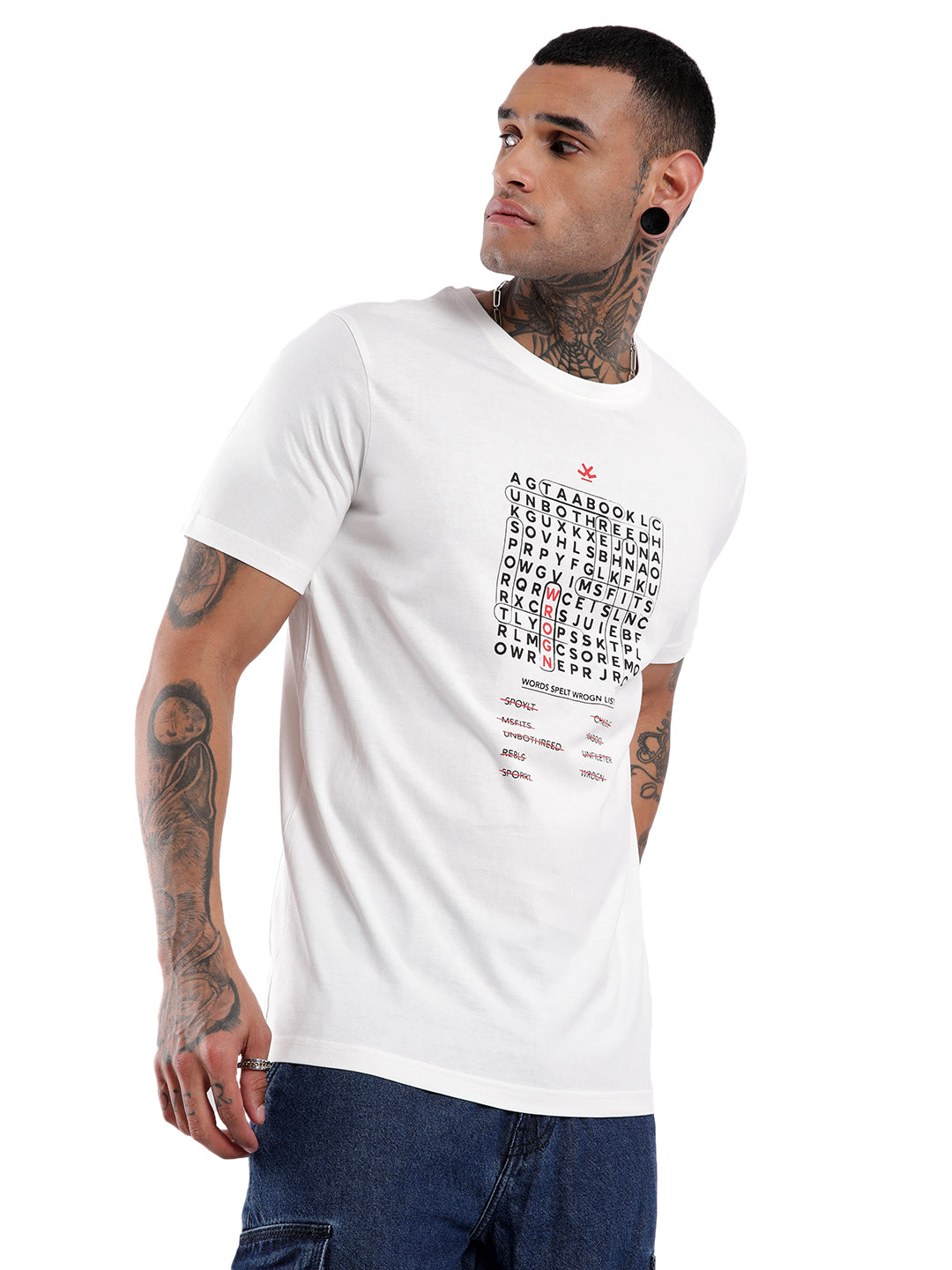 White Crossword Printed T-Shirt