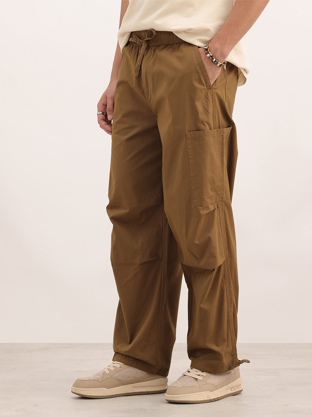 Solid Loose Fit Cargo Trousers | Khaki
