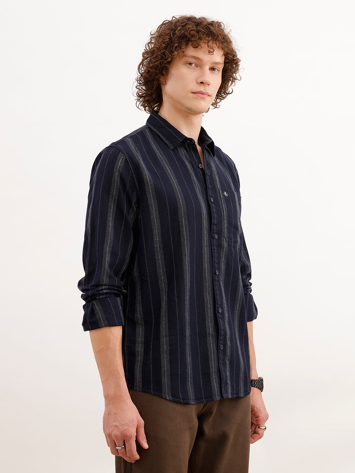 Slim Fit Striped Full Sleeve Shirt | Dark Blue