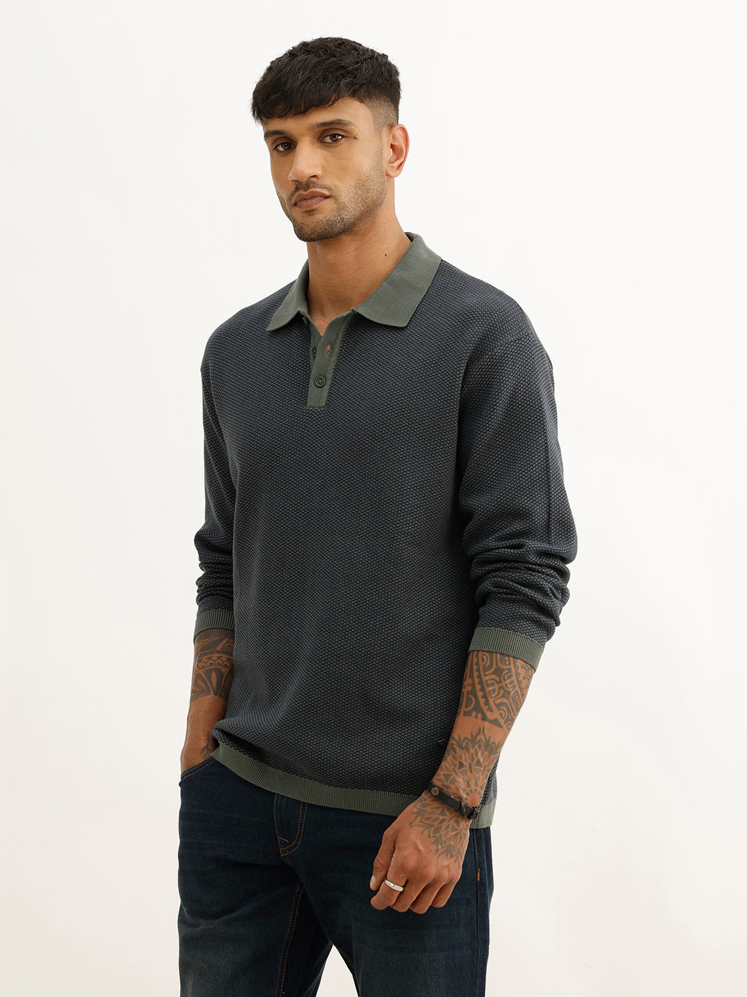 Classic Contrast Collar Knitted T-Shirt | Blue