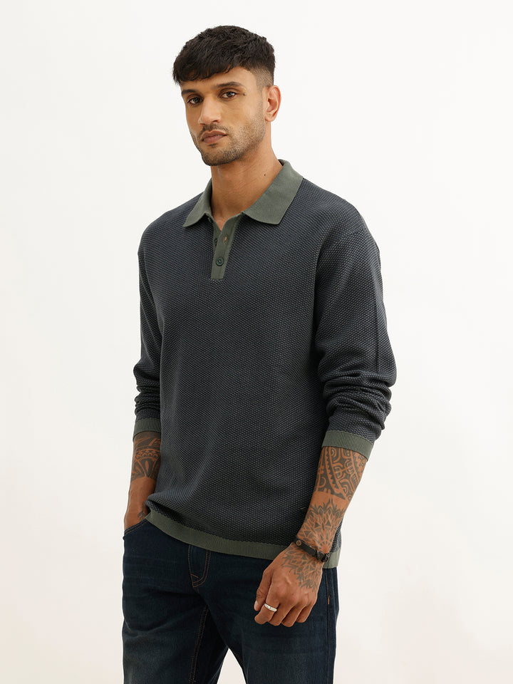 Classic Contrast Collar Knitted Sweater | Blue