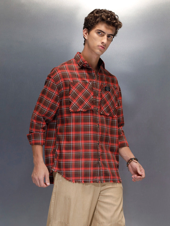 Men's oversize raw hem detail check shirt  | Brown