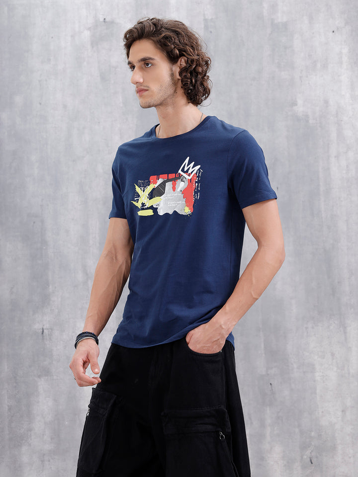 Graffiti Inspired Chest Graphic Slim Fit T-Shirt | Navy Blue