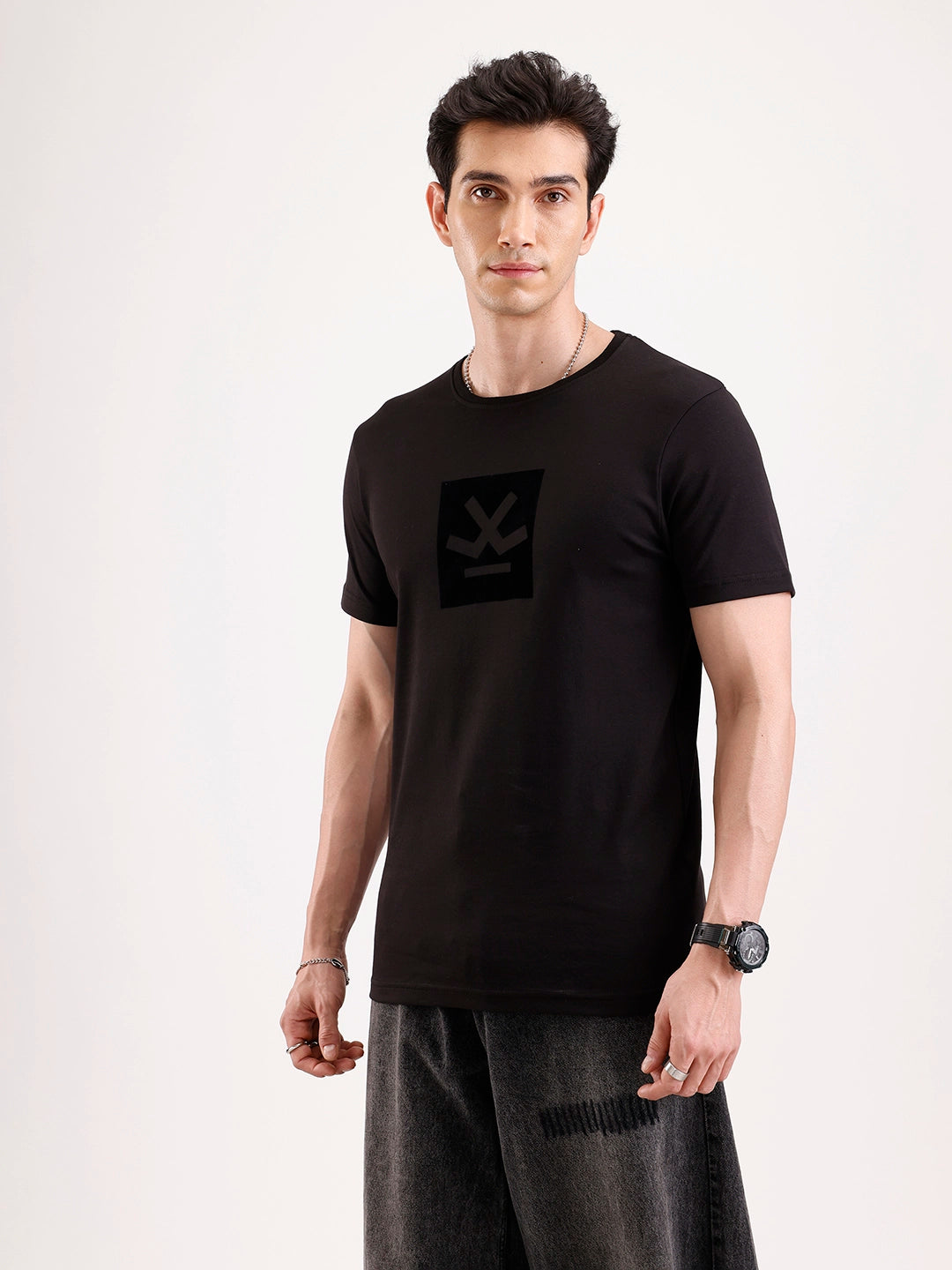 Solid Flock Printed T-Shirt   |  Black