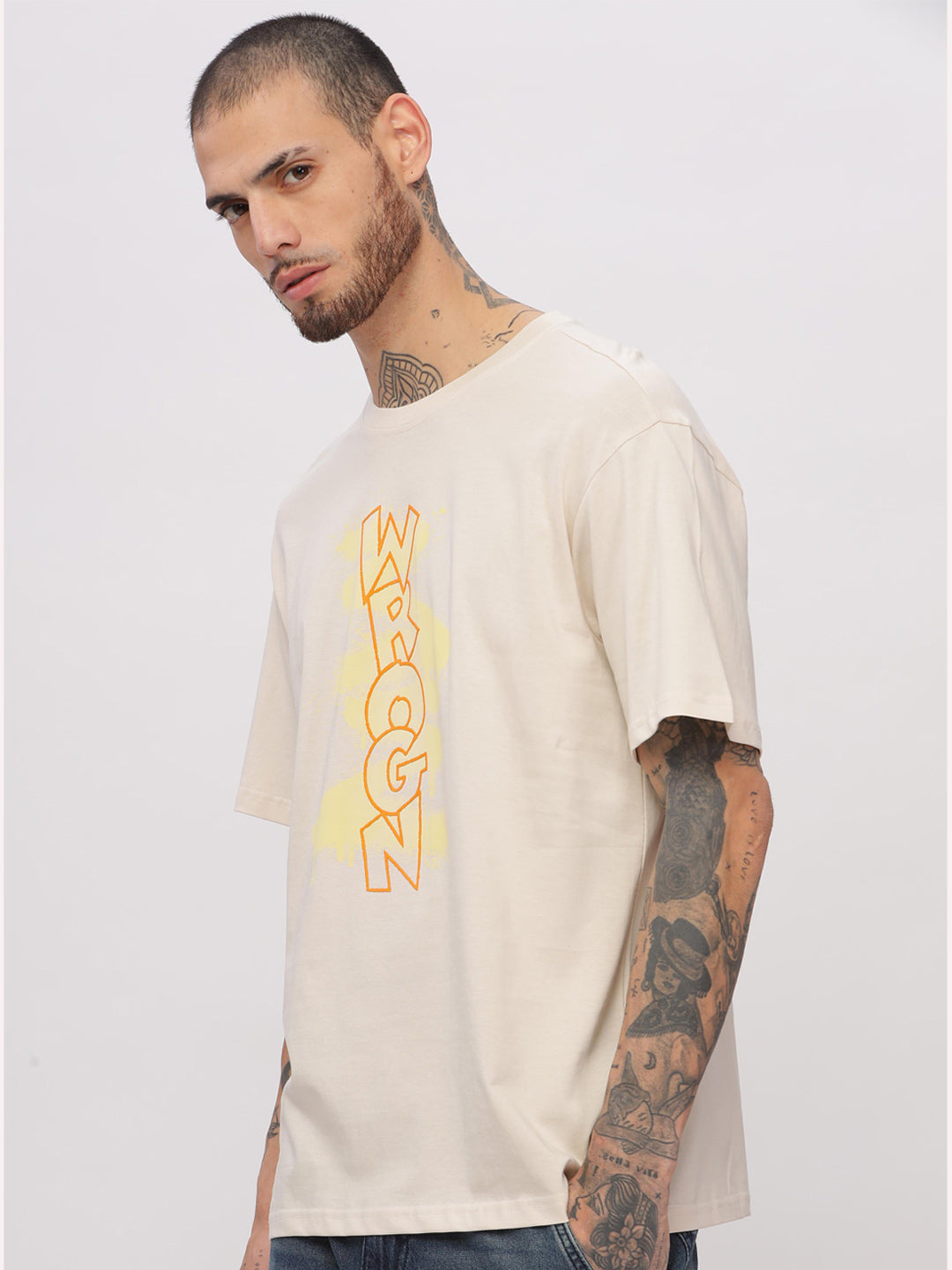 Wrogn Spray Print Oversized Beige T-Shirt