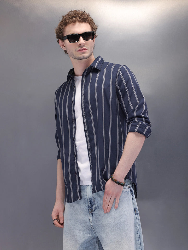 Textured Stripes Open Dobby Shirt | Navy Blue